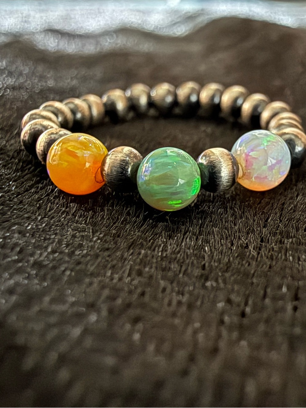 Handcrafted Sterling Silver Opal Bead Stretch Ring - Green, Orange, Iridescent